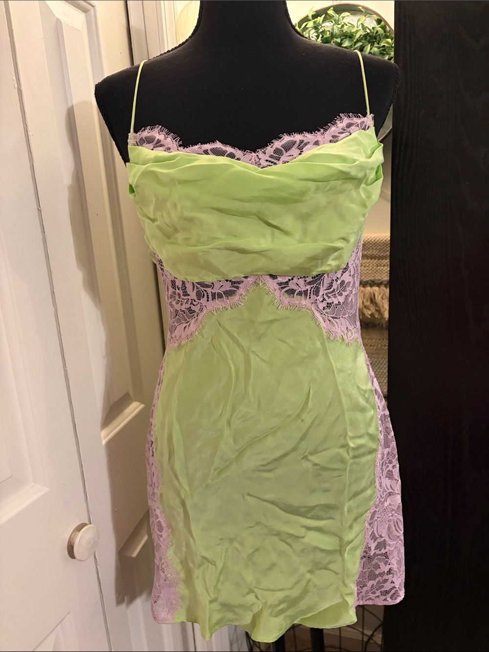 For Love And Lemons Lime Green & Lavender Lace Slip